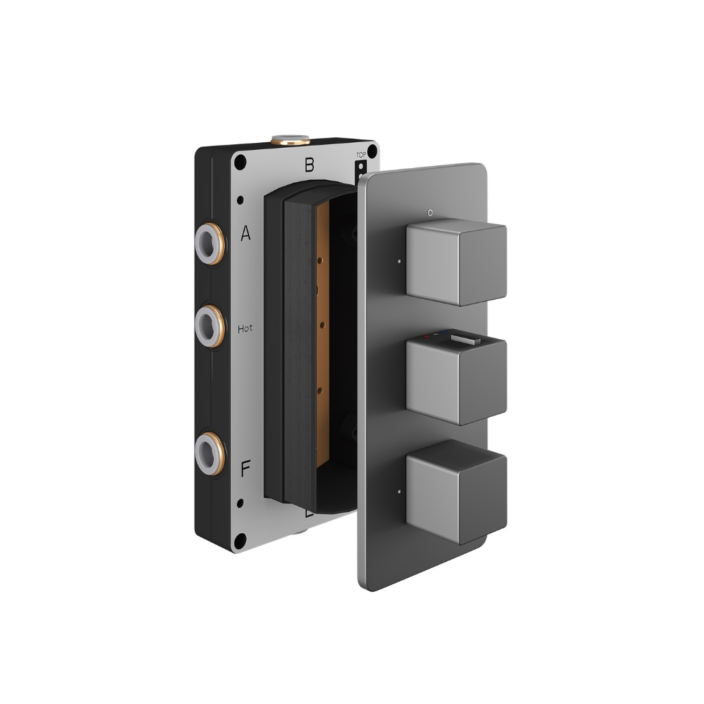 Product Cut out image of the Abacus Square Anthracite 3 Outlet 3 Handle Thermostatic Shower Valve